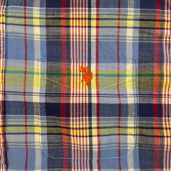 US Polo Assn Mens XL Plaid Button Down Shirt Short Sleeve Blue Yellow Cotton - Picture 4 of 8